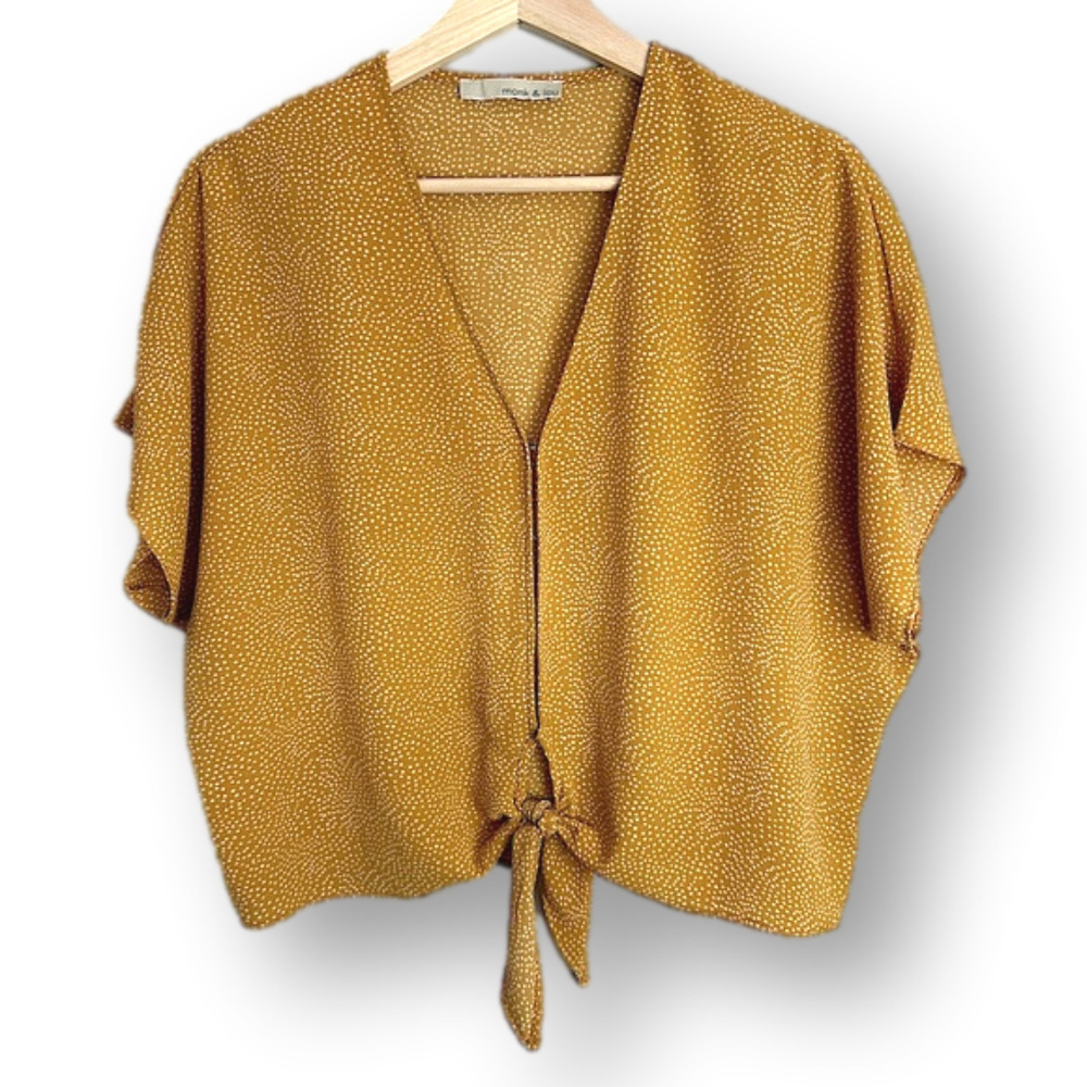 MONK & Lou Crop Top Yellow White Irregular Polka Dots Front Clasp Women's Medium